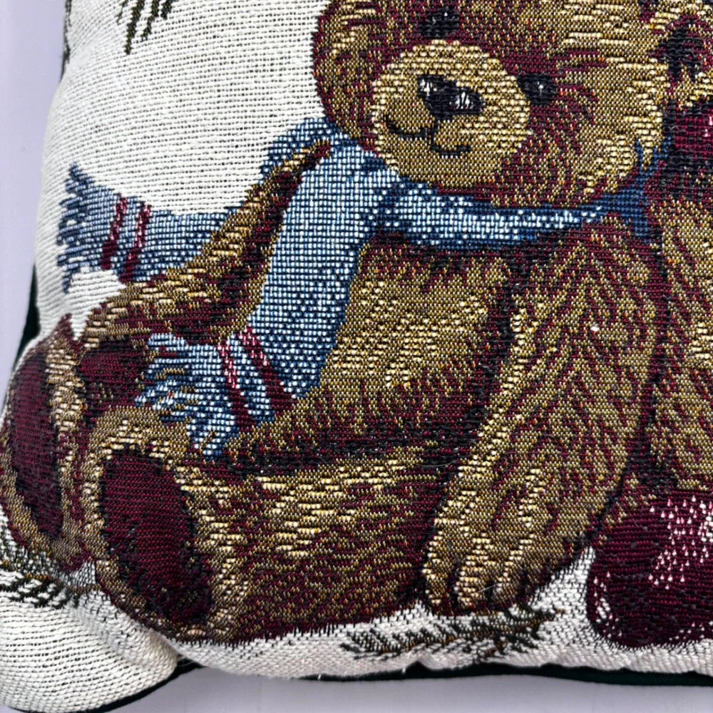 Vintage‎ Christmas Teddy Bear Woven Tapestry Throw Pillows Set of 2 Green Back